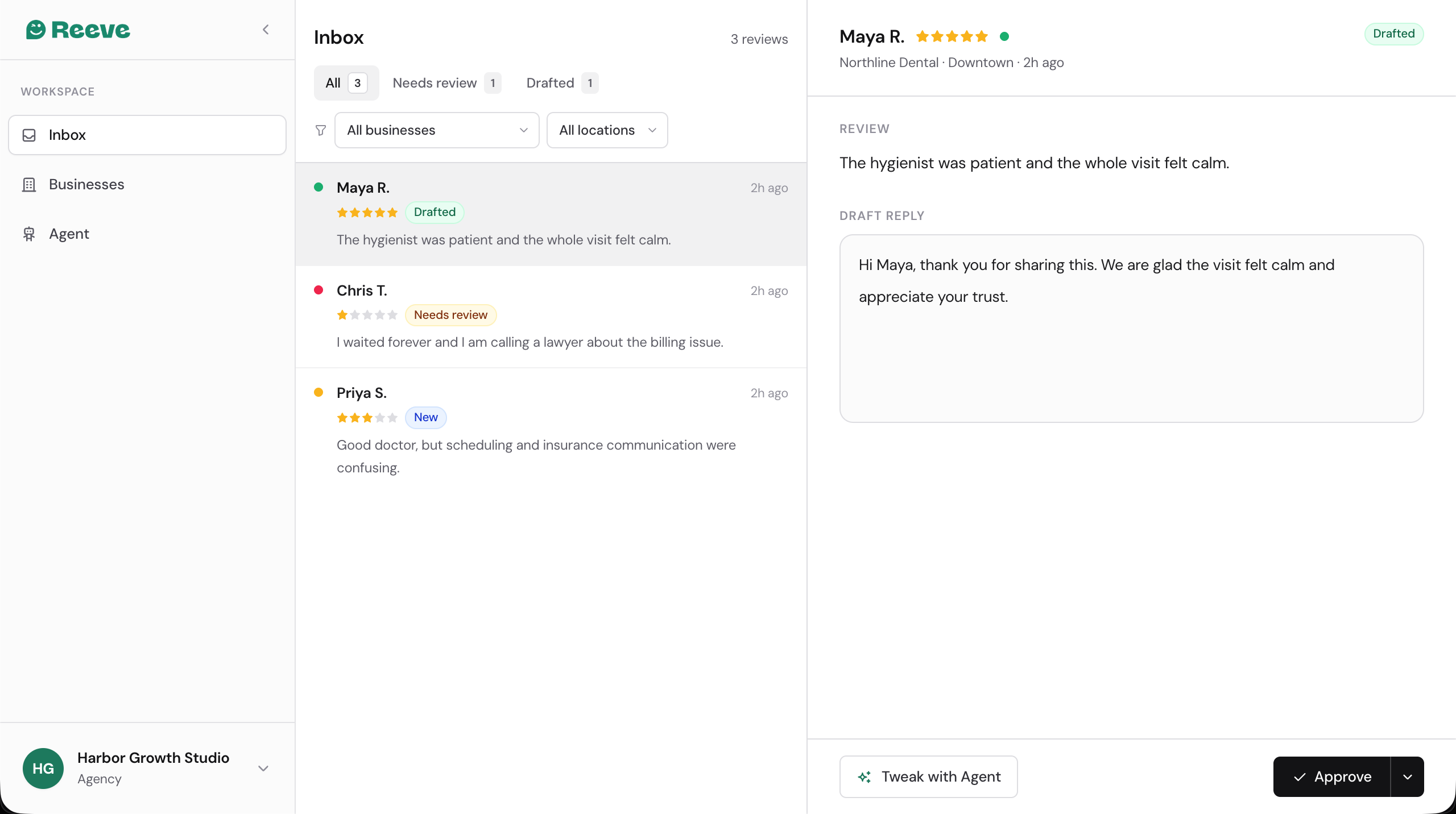 Reeve inbox — review drafts waiting for your approval